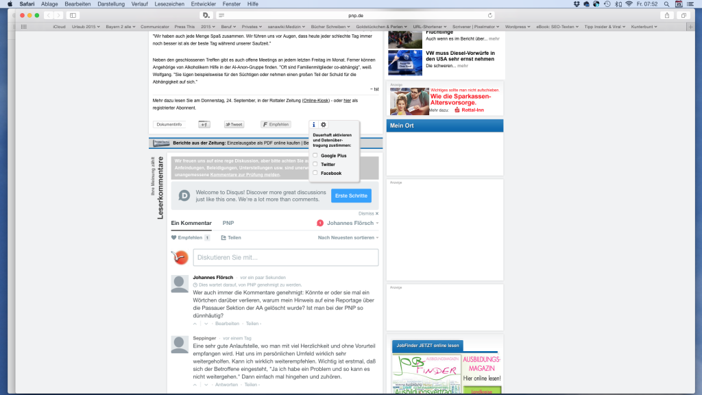 Screenshot aus PNP-online vom 25. September 2015, um 7.52 Uhr